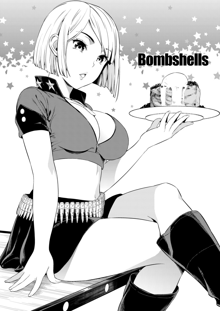 absurdres ammunition ammunition_belt bandolier bangs boots breasts bullet cleavage collarbone crop_top crossed_legs dog_tags english eyebrows_visible_through_hair eyelashes fingernails food greyscale highres holding holding_plate knee_boots large_breasts long_fingernails looking_at_viewer midriff miniskirt monochrome navel non-web_source original parted_lips plate short_sleeves sitting sitting_on_table skin_tight skirt smile solo sugaishi