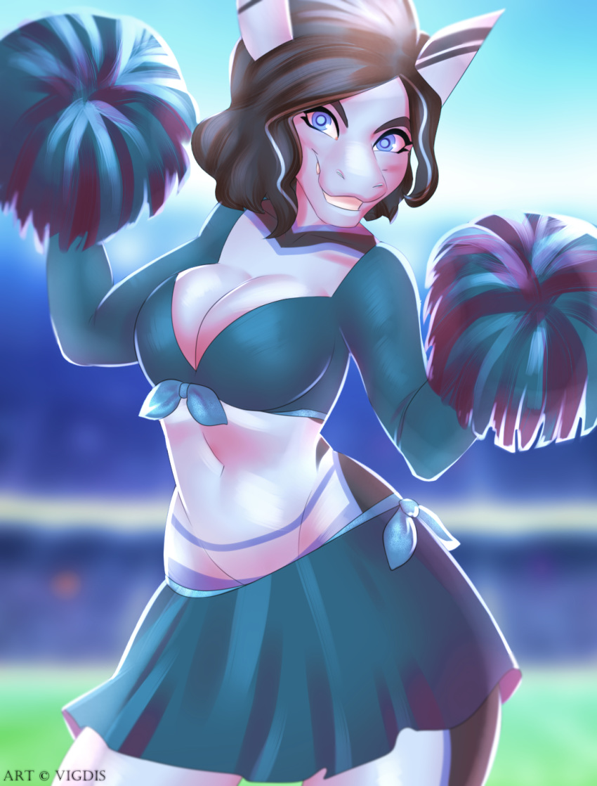 big_breasts black_hair blue_eyes blue_highlights breasts cheerleader cleavage clothed clothing female fish hair highlights marine nilah non-mammal_breasts shark solo vigdis