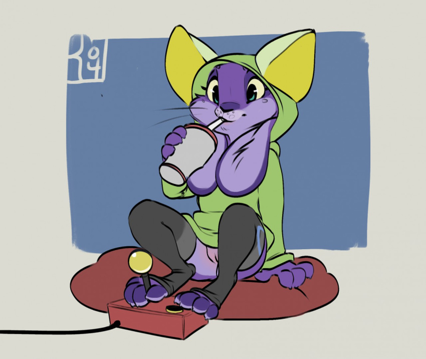 anthro between_toes beverage big_ears blue_eyes bottomless clothed clothing controller cup drinking eyelashes female fur gaming garcelle hoodie lagomorph legwear mammal partially_clothed paws purple_fur pussy rabbit reign-2004 sitting socks solo stockings straw toeless_socks