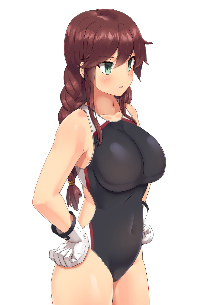 absurdres bangs black_swimsuit braid breasts brown_hair commentary_request competition_swimsuit covered_navel gloves green_eyes hands_on_hips highres kantai_collection large_breasts long_hair noshiro_(kantai_collection) one-piece_swimsuit parted_lips revision simple_background solo soushou_nin standing swept_bangs swimsuit twin_braids white_background white_gloves