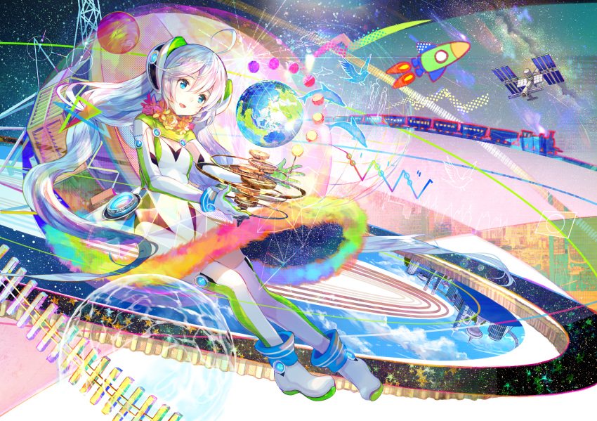 absurdres ahoge bird blue_eyes blush breasts dolphin eyebrows_visible_through_hair flower fuji_choko globe ground_vehicle highres huge_filesize long_hair looking_away medium_breasts original parted_lips rocket_ship satellite silver_hair smile solo space space_craft star_(sky) train very_long_hair