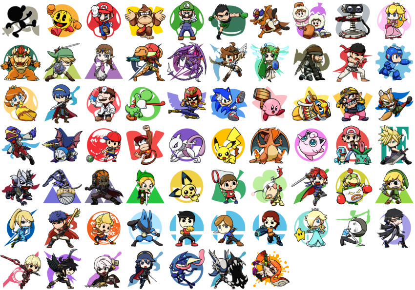 ape bayonetta bayonetta_(character) bayonetta_2 beard black_hair blonde_hair blue_armor blue_eyes bowser bowser_jr. brown_hair captain_falcon charizard chibi cloud_strife dark_pit diddy_kong donkey_kong donkey_kong_(series) doubutsu_no_mori dragon everyone f-zero facial_hair falchion_(fire_emblem) falco_lombardi final_fantasy final_fantasy_vii fire_emblem fire_emblem:_fuuin_no_tsurugi fire_emblem:_kakusei fire_emblem:_monshou_no_nazo fire_emblem:_souen_no_kiseki fox fox_ears fox_mccloud fox_tail galaxia_(sword) ganondorf glasses gun hat headband ice_climber ice_climbers ike inkling jigglypuff kid_icarus king_dedede kirby kirby_(series) link little_mac long_hair lucario lucina luigi male_my_unit_(fire_emblem:_kakusei) mamkute mario mario_(series) marth mask meta_knight metal_gear_(series) metal_gear_solid metroid mewtwo monster mori_hayaki mother_(game) mother_2 mother_3 mr._game_&amp;_watch multiple_boys multiple_girls my_unit_(fire_emblem:_kakusei) my_unit_(fire_emblem_if) nana_(ice_climber) ness olimar pac-man pac-man_(game) palutena pichu pikachu pikmin_(series) pit_(kid_icarus) pokemon pokemon_(creature) ponytail popo_(ice_climber) princess_peach princess_zelda punch-out!! ragnell red_(pokemon) ridley rockman rockman_(character) rockman_(classic) rosetta_(mario) roy_(fire_emblem) ryuu_(street_fighter) samus_aran sheik short_hair shulk smile solid_snake sonic sonic_the_hedgehog splatoon_(series) splatoon_1 star_fox street_fighter super_mario_bros. super_mario_galaxy super_smash_bros. super_smash_bros._ultimate sword tail the_legend_of_zelda the_legend_of_zelda:_ocarina_of_time the_legend_of_zelda:_twilight_princess time_line toon_link villager_(doubutsu_no_mori) wario warioware weapon wii_fit wii_fit_trainer wolf_o'donnell xenoblade_(series) xenoblade_1 yoshi young_link