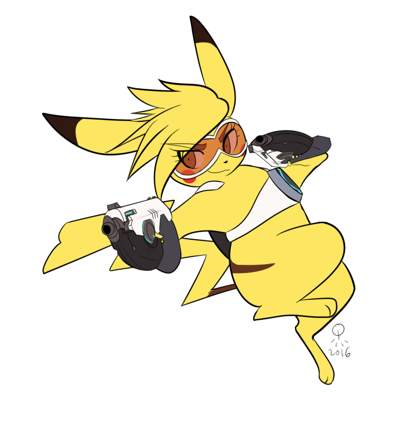 2016 alpha_channel alternate_species back_markings black_nose brown_eyes crossover digital_media_(artwork) dipstick_ears eyelashes eyewear fur goggles hi_res holding_object holding_weapon markings nintendo overwatch pikachu pok&eacute;mon pok&eacute;mon_(species) q-mii red_cheeks simple_background smile smirk tracer_(overwatch) transparent_background video_games weapon yellow_fur