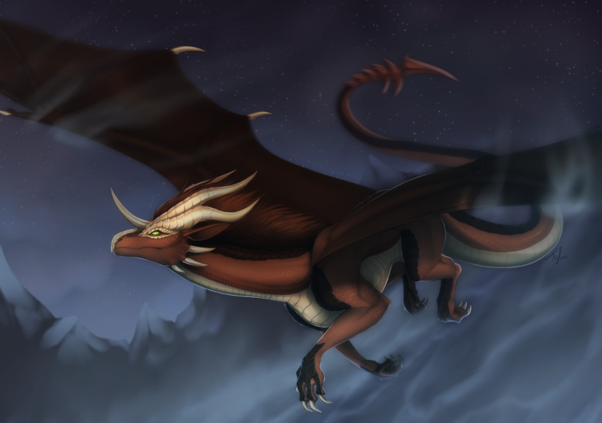 2018 claws detailed_background digital_media_(artwork) dragon fefairy feral flying green_eyes horn male membranous_wings outside scalie sky solo western_dragon wings