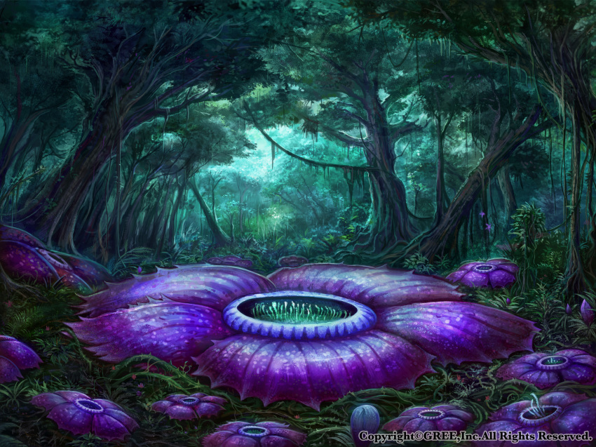 day flower forest grass highres nature no_humans official_art outdoors purple_flower rafflesia_(flower) scenery seisen_cerberus tree watermark z.dk