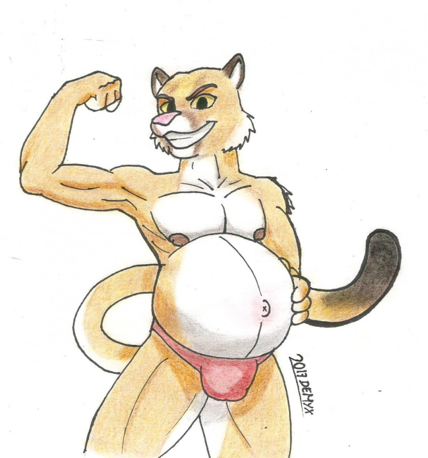 2017 anthro belly big_belly bulge clothing demyxanthony feline flexing looking_at_viewer male male_pregnancy mammal muscular muscular_male navel nipples panther pecs pose pregnant signature simple_background solo traditional_media_(artwork) underwear white_background