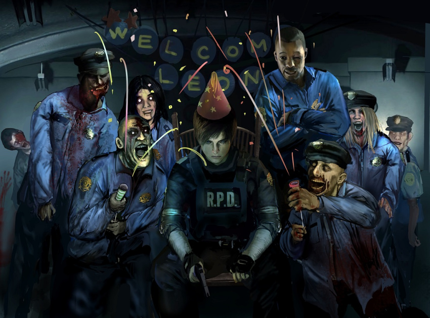 black_gloves black_pants bleeding blood bloody_clothes bloody_handprints blue_shirt bulletproof_vest ceiling_light chair character_request collared_shirt commentary_request crossed_arms dark doitsuken english fingerless_gloves gloves grin gun hat holding holding_gun holding_weapon indoors kneeling leon_s_kennedy long_sleeves looking_at_viewer marvin_branagh multiple_boys on_chair one_eye_closed open_mouth pants party_popper police police_hat police_uniform resident_evil resident_evil_2 shirt short_sleeves sitting smile uniform weapon zombie