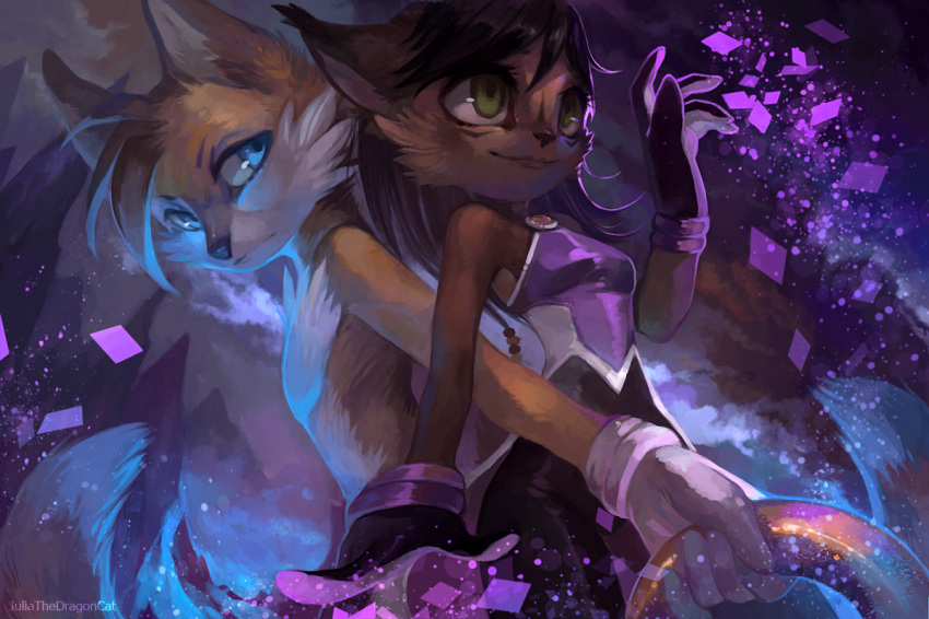 5_fingers anthro black_hair black_nose blue_eyes breasts canine clothed clothing feline female fox fur green_eyes hair juliathedragoncat lynx male mammal miles_prower nicole_the_lynx smile sonic_(series) tan_fur topless