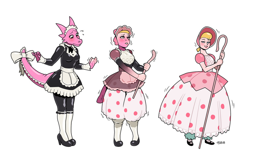 2018 anthro anthro_to_inanimate blackshirtboy blonde_hair blush bo_peep breasts charlotte_(redflare500) clothing doll dragon dress female footwear hair maid_uniform ribbons sequence shoes simple_background solo story story_in_description toy_story transformation uniform white_background