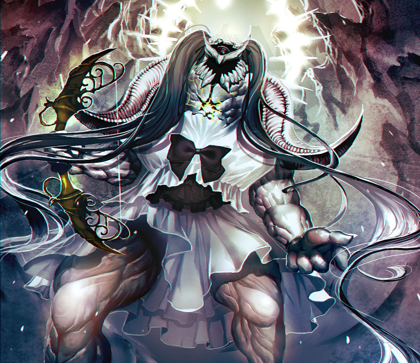 black_bow bow bow_(weapon) commentary_request cosplay crossdressing dress electricity euryale euryale_(cosplay) fate/grand_order fate_(series) glowing halo highres holding holding_bow_(weapon) holding_weapon horns ivan_the_terrible_(fate/grand_order) long_hair male_focus marimoppoi muscle solo twintails very_long_hair weapon white_dress