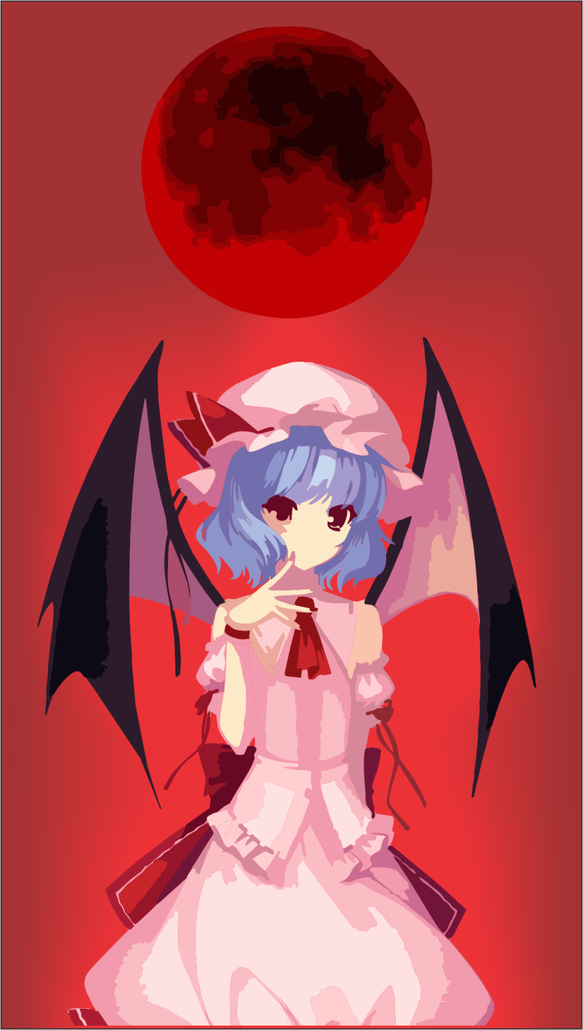 ascot bat_wings black_wings blue_hair cowboy_shot dress finicaltub frills gradient gradient_background hat hat_ribbon highres looking_at_viewer mob_cap moon navel no_lineart non-web_source red_background red_eyes red_ribbon red_sky reference_work remilia_scarlet ribbon self_upload short_hair sky solo touhou wings