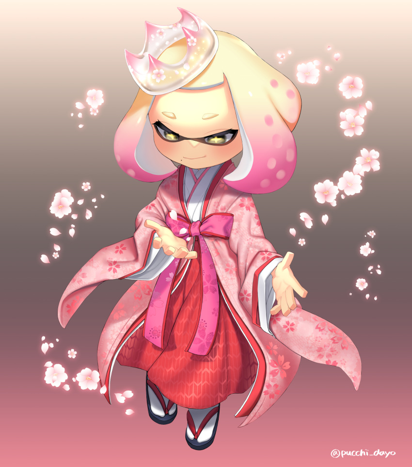 alternate_costume blush bow crown domino_mask floral_print flower full_body gradient_hair half-closed_eyes highres hime_(splatoon) japanese_clothes kimono long_sleeves mask mini_crown mole mole_under_mouth multicolored_hair petals pink_hair puchiman slippers smile splatoon_(series) splatoon_2 symbol-shaped_pupils tentacle_hair twitter_username two-tone_hair white_hair yellow_eyes
