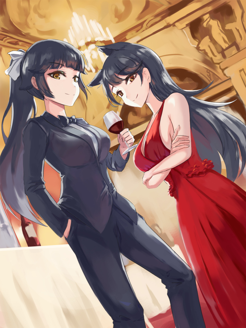alcohol alternate_costume animal_ears arm_up atago_(azur_lane) azur_lane bare_arms bare_shoulders black_hair black_neckwear black_pants black_shirt blurry bow bowtie breasts brown_eyes chandelier cleavage contrapposto cropped_legs crossdressing crossed_arms cup depth_of_field dress drinking_glass dutch_angle gan-viking hand_in_pocket highres indoors long_hair looking_at_viewer medium_breasts multiple_girls pants ponytail red_dress shirt sideboob sleeveless sleeveless_dress smile standing statue table tablecloth takao_(azur_lane) untucked_shirt wine wine_glass