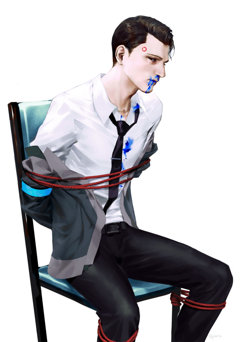 android arms_behind_back belt black_neckwear black_pants blood blood_from_mouth blood_splatter bloody_clothes blue_blood bound bound_legs bound_torso brown_eyes brown_hair commentary connor_(detroit) detroit:_become_human expressionless grey_jacket highres jacket looking_at_viewer open_clothes open_jacket pants par. rope shirt sitting solo white_background white_shirt