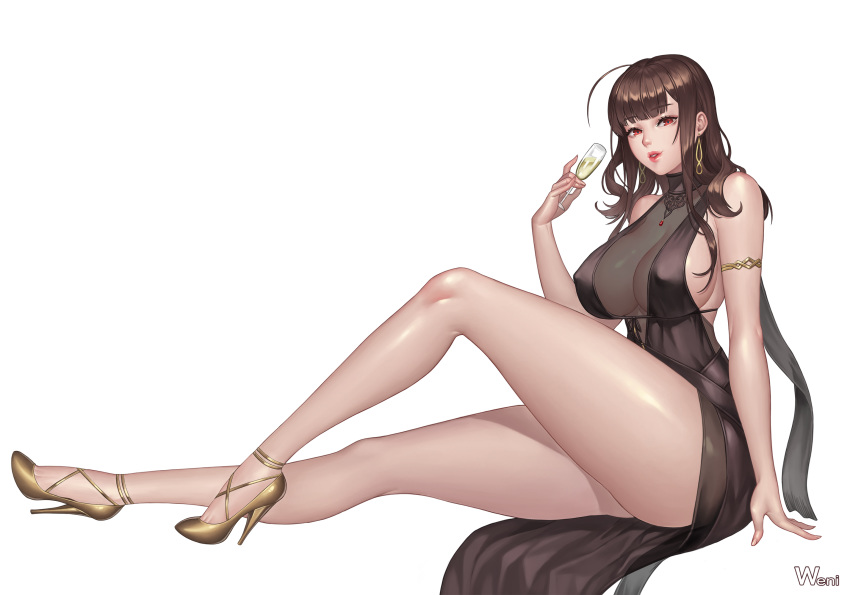 ahoge alcohol armlet artist_name bad_id bad_pixiv_id bangs bare_shoulders black_dress blunt_bangs bodysuit breasts brown_hair champagne champagne_flute covered_nipples cup dress drinking_glass dsr-50_(girls_frontline) earrings eyebrows_visible_through_hair gem girls_frontline gold_footwear high_heels highres invisible_chair jewelry karmiel large_breasts legs lips long_hair long_legs looking_at_viewer parted_lips red_eyes red_lips see-through shoes sideboob sitting solo strappy_heels thick_thighs thighs yellow_footwear