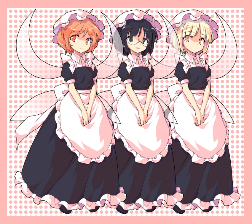 apron bangs black_eyes black_hair blonde_hair blunt_bangs border dairi dress eyebrows_visible_through_hair fairy_maid fairy_wings frilled_apron frilled_skirt frills frown full_body glasses hands_together hat head_tilt long_dress looking_at_viewer maid mob_cap multiple_girls open_mouth parted_bangs pink_background pink_border polka_dot polka_dot_background puffy_short_sleeves puffy_sleeves red_eyes red_hair rimless_eyewear short_sleeves silent_sinner_in_blue skirt smile standing touhou transparent_wings v_arms waist_apron wings yellow_eyes