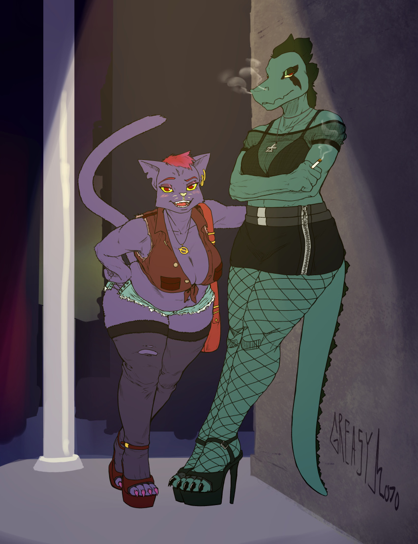 anthro bea_(nitw) blush bra cat cigarette clothed clothing crocodile crocodilian duo feline female fishnet fishnet_legwear footwear fur greasymojo_(artist) hair high_heels jewelry legwear mae_(nitw) mammal necklace night_in_the_woods piercing reptile scalie shoes smoke underwear