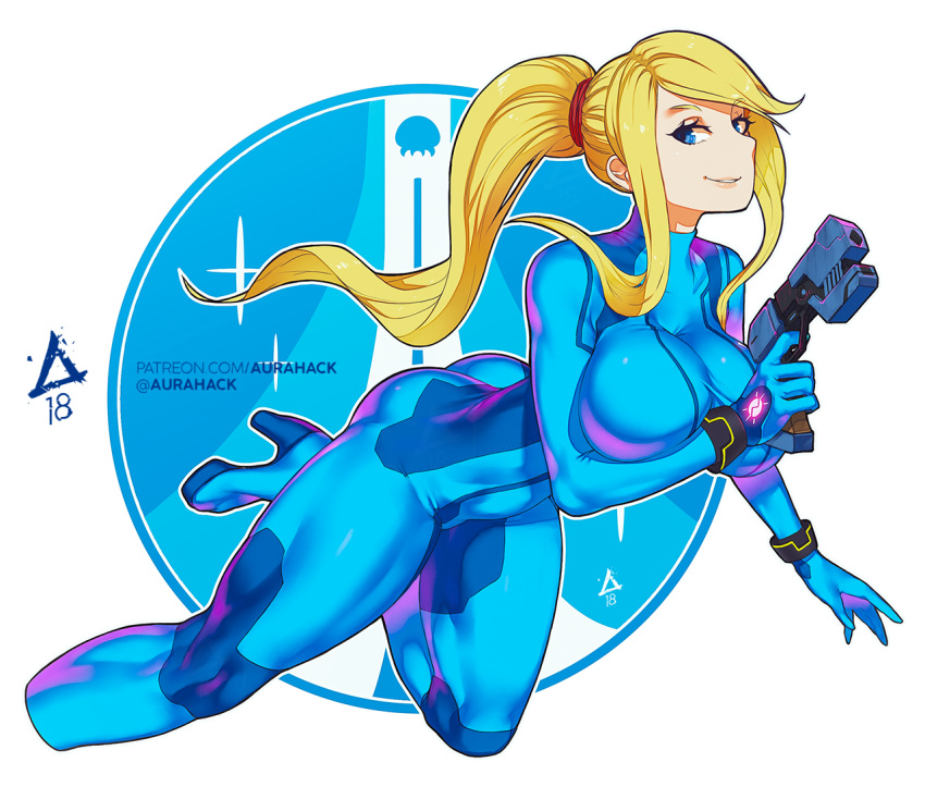 artist_name ass blonde_hair blue_eyes bodysuit breasts cropped_legs erica_june_lahaie gun high_heels large_breasts looking_at_viewer metroid metroid_(creature) parted_lips patreon_username ponytail samus_aran silhouette simple_background smile solo thick_thighs thighs toned watermark weapon web_address zero_suit