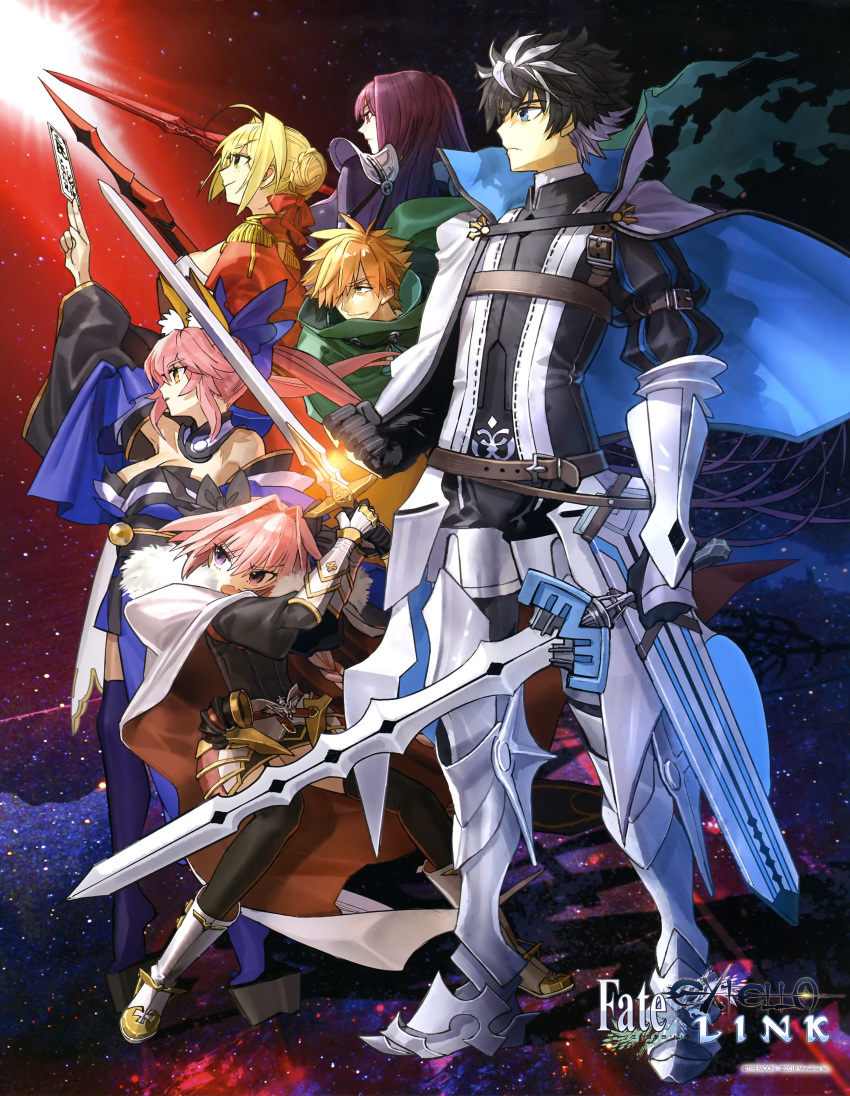 3boys 3girls absurdres aestus_estus animal_ears armored_boots astolfo_(fate) bare_shoulders black_footwear black_gloves black_hair black_pants black_ribbon black_shirt black_skirt black_sleeves blonde_hair blue_eyes blue_kimono blue_legwear blue_ribbon blue_sleeves bodysuit boots braid breasts cape charlemagne_(fate) cleavage company_name detached_collar detached_sleeves dress epaulettes eyebrows_visible_through_hair eyes_visible_through_hair fang fate/extella fate/extella_link fate/extra fate_(series) fox_ears french_braid gauntlets geta gloves glowing glowing_sword glowing_weapon green_cape green_eyes grey_footwear hair_between_eyes hair_bun hair_over_one_eye hair_ribbon highres holding holding_spear holding_sword holding_weapon japanese_clothes juliet_sleeves kimono large_breasts leotard logo long_hair long_sleeves looking_to_the_side multicolored_hair multiple_boys multiple_girls nero_claudius_(fate) nero_claudius_(fate)_(all) official_art open_mouth orange_hair otoko_no_ko pants parted_lips pink_hair platform_footwear polearm puffy_sleeves purple_bodysuit purple_eyes purple_hair red_dress red_ribbon reflection ribbon robin_hood_(fate) scathach_(fate)_(all) scathach_(fate/grand_order) shirt silver_hair skirt sky smile spear spiked_hair standing star_(sky) starry_sky sword tamamo_(fate)_(all) tamamo_no_mae_(fate) thighhighs twintails two-tone_hair wada_aruko watermark weapon white_cape white_leotard yellow_eyes zettai_ryouiki