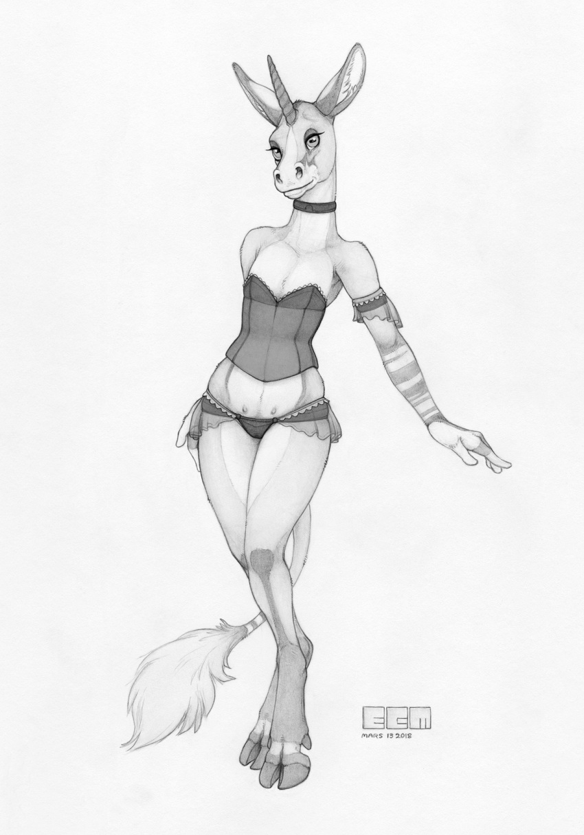 2018 anthro armlet clothed clothing cloven_hooves corset ecmajor equine equustra female full-length_portrait greyscale hi_res hooves horizontal_pupils horn lingerie looking_at_viewer mammal monochrome nipples panties portrait simple_background smile solo standing teats traditional_media_(artwork) underwear unicorn white_background