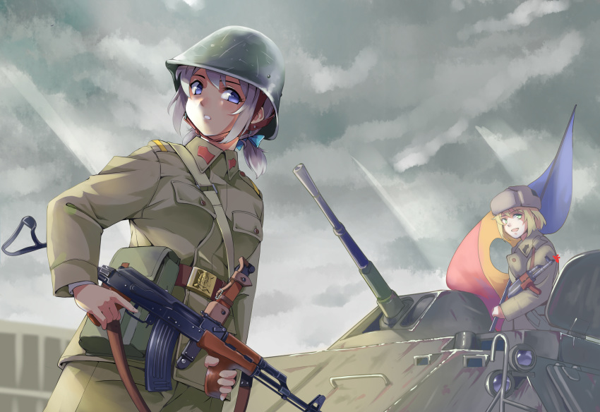 armored_personnel_carrier assault_rifle blonde_hair blue_eyes bow commentary flag ground_vehicle gun hair_bow helmet highres holding holding_gun holding_weapon longmei_er_de_tuzi military military_uniform motor_vehicle multiple_girls original outdoors pm_md_63/65 rifle romania romanian romanian_flag short_twintails silver_hair tab_77 trigger_discipline twintails uniform weapon