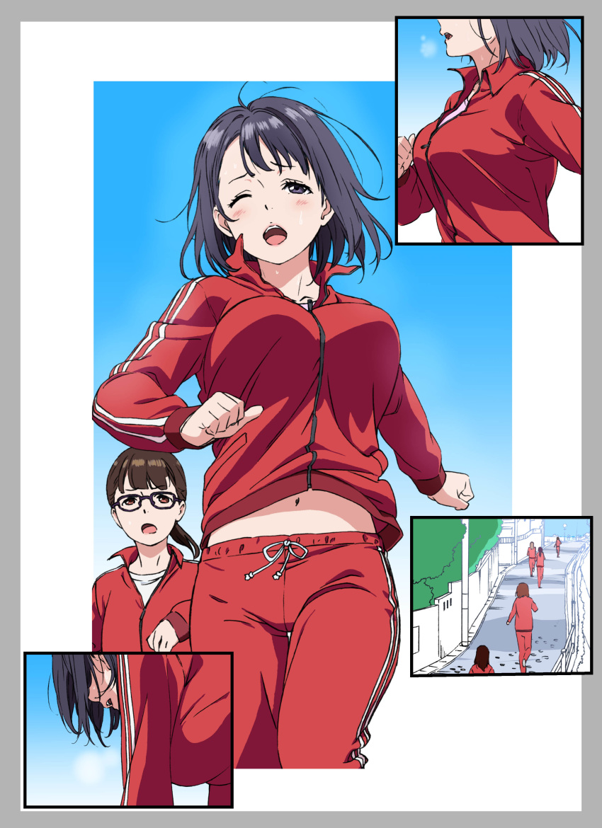 absurdres black_eyes black_hair blush border bouncing_breasts breasts brown_hair comic commentary_request crotch_seam d: d; day glasses grey_border heavy_breathing highres jacket jijo_(kakitama) kakitama lamppost looking_at_another midriff multiple_girls navel one_eye_closed open_mouth original outdoors pants ponytail red_eyes red_track_suit running short_hair sweat track_jacket track_pants track_suit wince zipper zipper_pull_tab
