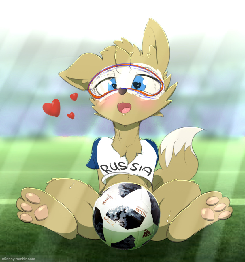 &lt;3 anthro ball blue_eyes blush canine clothed clothing eyewear fifa goggles mammal mascot n0nnny open_mouth soccer_ball solo sport tongue wolf zabivaka