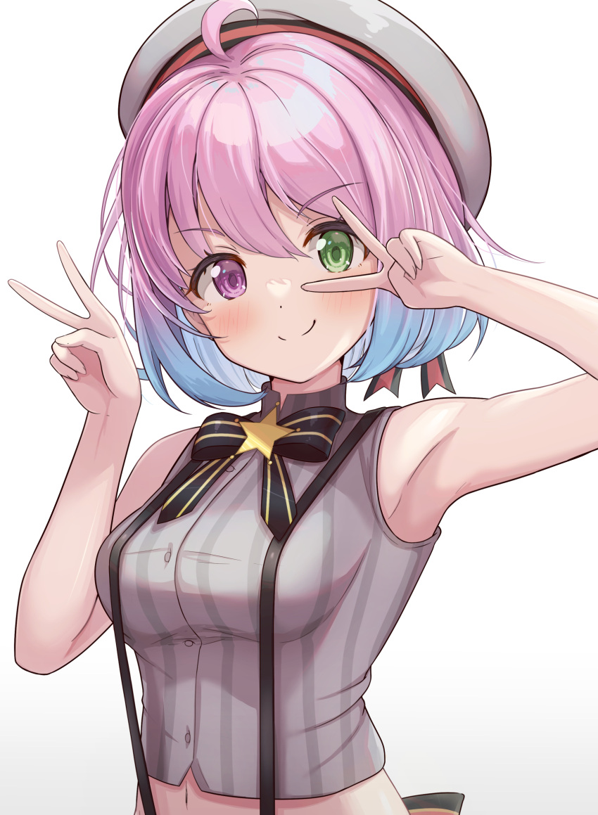 1girl ahoge arms_up bangs beret bow breasts cosplay eyebrows_visible_through_hair green_eyes grey_shirt hair_between_eyes hat heterochromia highres himemori_luna hololive light_blue_hair medium_breasts midriff multicolored_hair navel oozora_subaru oozora_subaru_(cosplay) pink_hair purple_eyes shirt short_hair striped striped_shirt suicabar72 suspenders upper_body v virtual_youtuber white_background