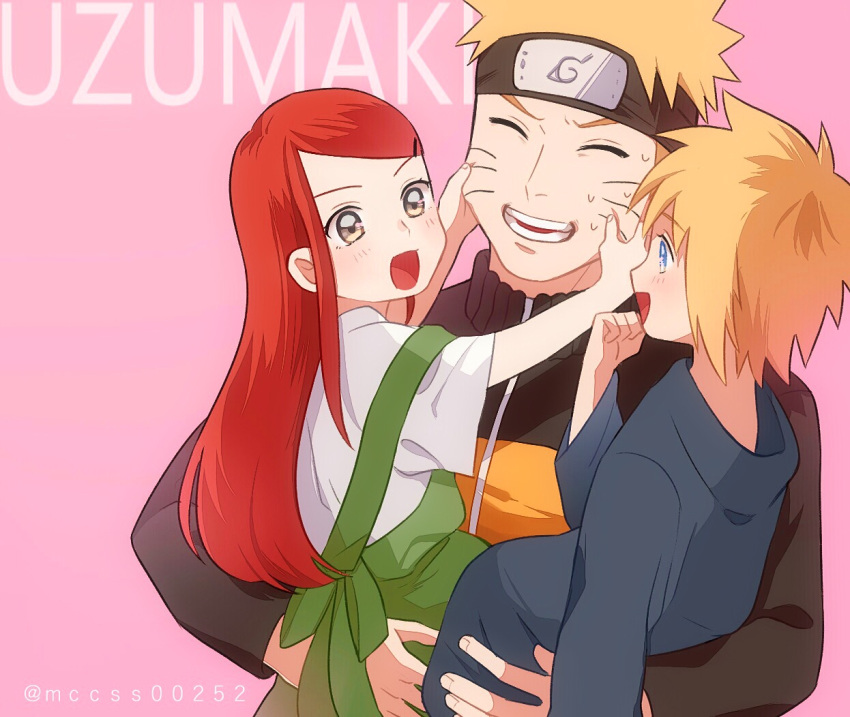 2boys blonde_hair child child_carry family father_and_son long_hair mother_and_son multiple_boys namikaze_minato naruto naruto_(series) naruto_shippuuden nonko_(mccss00252) red_hair sweatdrop time_paradox uzumaki_kushina uzumaki_naruto younger