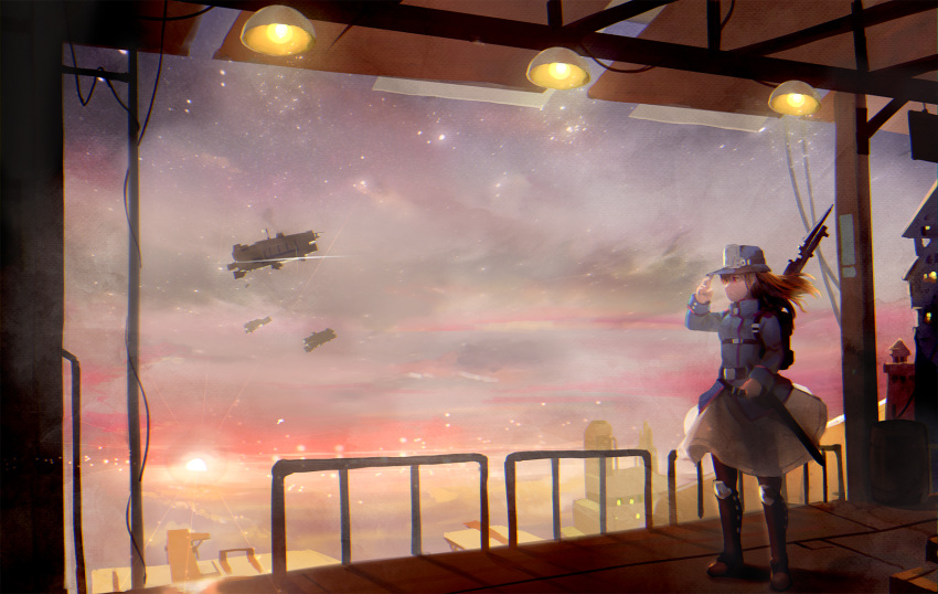 aircraft airship bayonet blonde_hair bolt_action gun highres military military_uniform original pouch red_eyes rifle scenery segamark soldier solo star uniform weapon