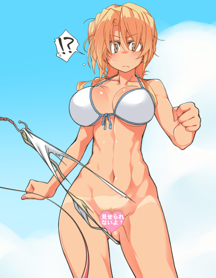 1girl abs ass ass_visible_through_thighs assisted_exposure bikini_tan blue_sky blush breasts censored collarbone day fishing_hook front-tie_bikini front-tie_top halterneck heart heart_censor highres kaitou_reiko large_breasts light_brown_hair long_hair navel nose_blush original oteruko_(wanabeee) outdoors pubic_hair sky solo spoken_interrobang strap_gap sweatdrop tan tanline thighs torn_bikini torn_clothes twintails