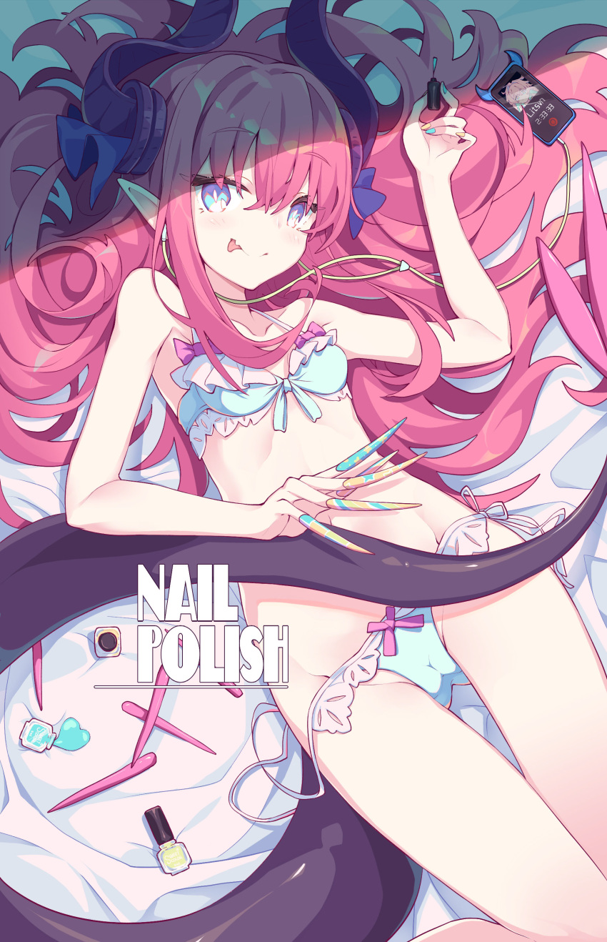 :p absurdres bed_sheet blue_eyes blush bow bow_bra bow_panties bra cameltoe cellphone curled_horns dragon_tail earbuds earphones elizabeth_bathory_(fate) elizabeth_bathory_(fate)_(all) fake_nails fang fate_(series) fingernails frilled_bra frilled_panties frills hair_ribbon highres litsvn long_fingernails long_hair looking_at_viewer lying multicolored multicolored_stripes nail_polish nail_polish_bottle on_back panties phone pink_hair ribbon side-tie_panties smartphone solo star star_print striped tail tongue tongue_out underwear untied untied_panties