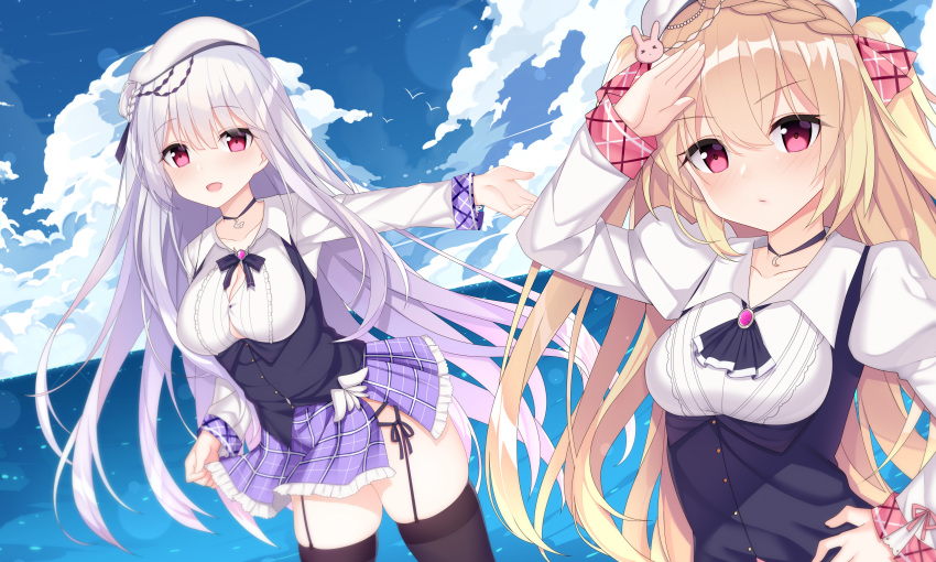 absurdres azur_lane bangs beret blonde_hair breasts chinese_commentary cleavage cloud collarbone commentary_request crescent_(azur_lane) cygnet_(azur_lane) day hair_ornament hat highres jewelry jyt large_breasts lavender_hair long_hair looking_at_viewer multiple_girls necklace ocean open_mouth purple_eyes remodel_(azur_lane) salute sky small_breasts thighhighs twintails vest