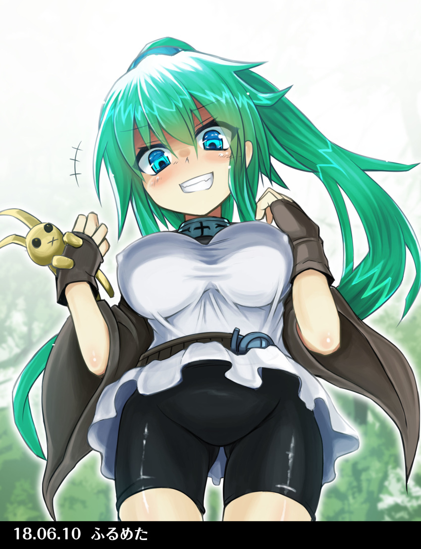 absurdres blue_eyes breasts collar dated duel_monster gloves green_hair hair_ornament highres jacket jewelry large_breasts long_hair looking_at_viewer ponytail shorts solo spirit-edge staff winda_priestess_of_gusto yuu-gi-ou