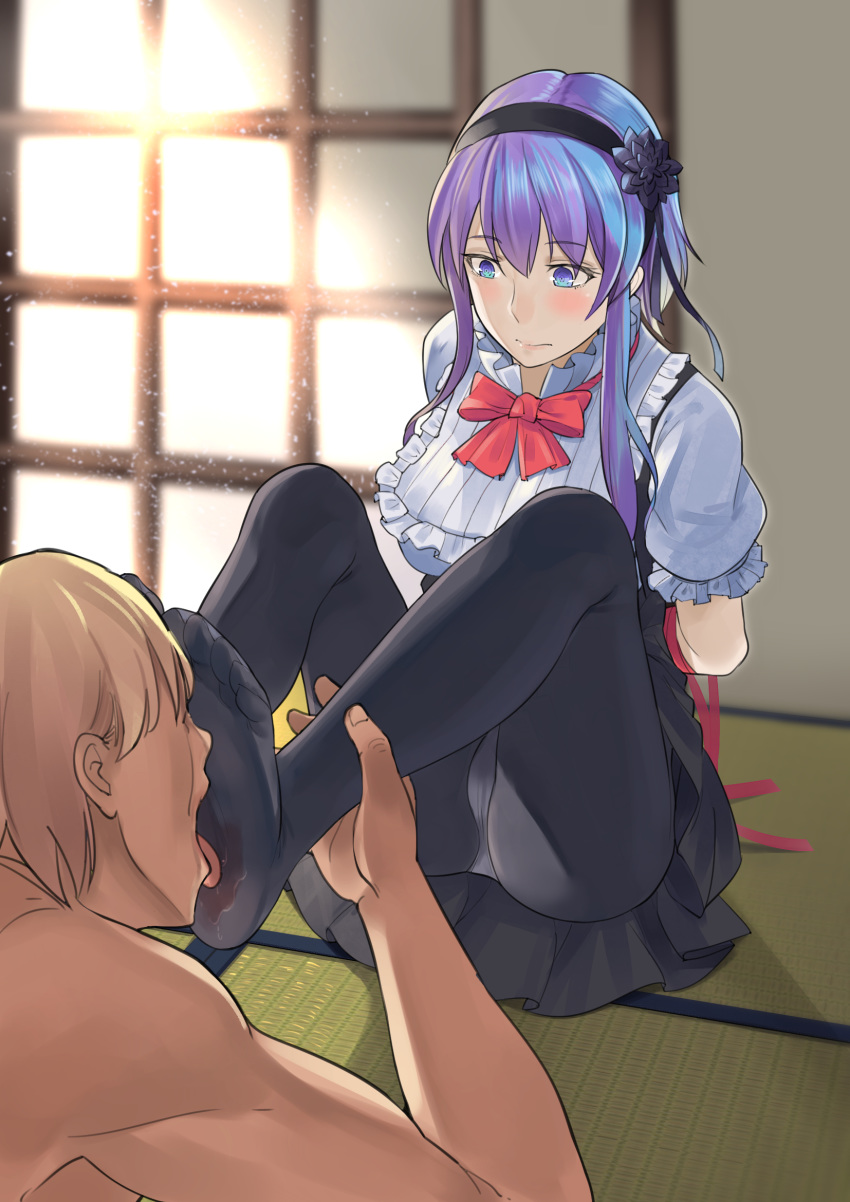 1boy 1girl artist_request blush dagashi_kashi feet foot_licking foot_worship hairband no_shoes panties_under_pantyhose pantyhose purple_eyes purple_hair shidare_hotaru soles tatami toes