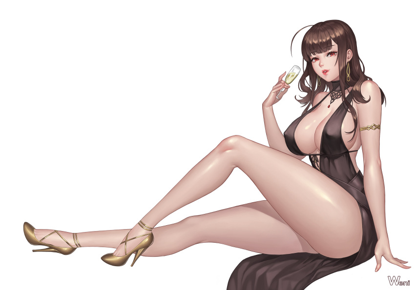 armlet bare_legs bare_shoulders black_dress breasts brown_hair champagne_flute covered_nipples cup dress drinking_glass dsr-50_(girls_frontline) earrings fingernails from_side girls_frontline high_heels highres holding huge_breasts jewelry karmiel knee_up lipstick long_hair long_legs looking_at_viewer makeup necklace parted_lips red_eyes red_lipstick signature simple_background sitting solo white_background yellow_footwear