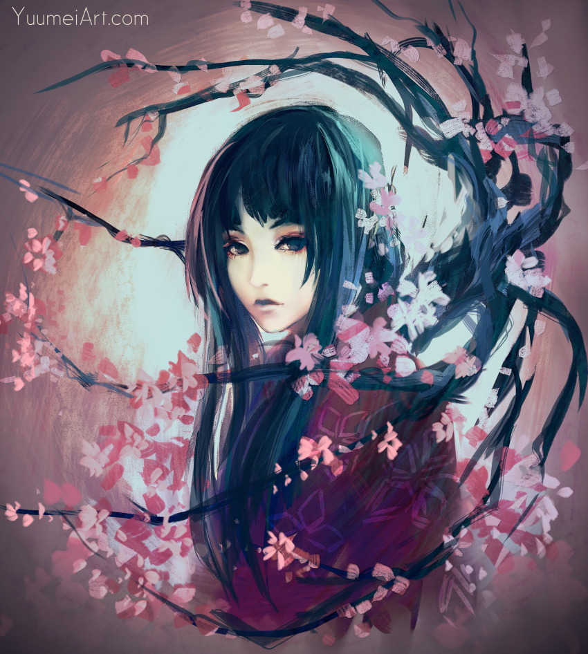 absurdres black_eyes blue_hair branch cherry_blossoms highres japanese_clothes kimono looking_at_viewer original red_kimono solo upper_body watermark web_address wenqing_yan