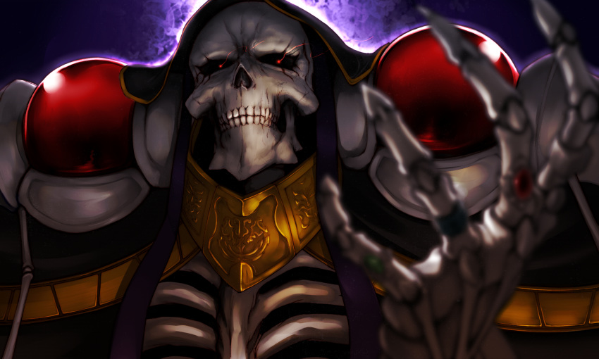 ainz_ooal_gown cloak close-up dark_background from_below glowing_eyes highres lich looking_at_viewer moku. overlord_(maruyama) pauldrons portrait red_eyes ring