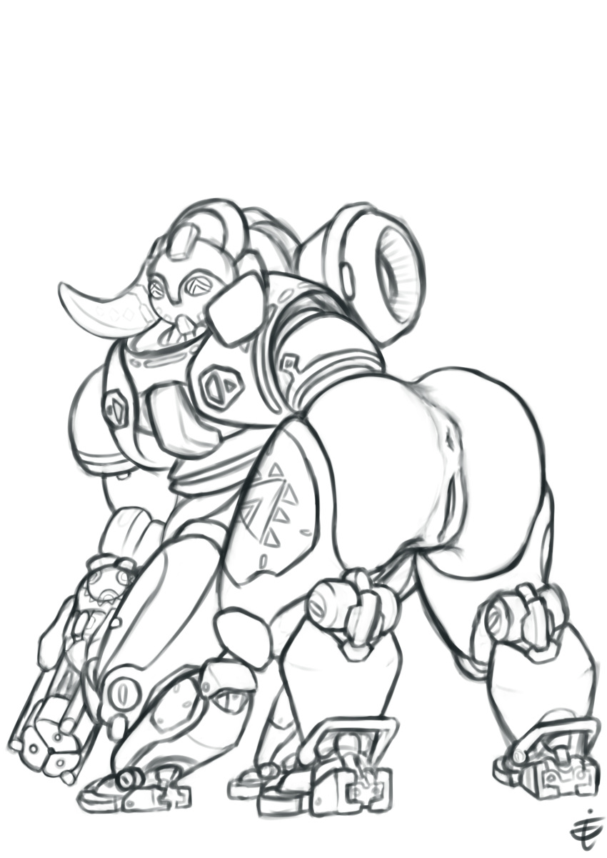 anus black_and_white female gun looking_back machine monochrome monocrome orisa_(overwatch) overwatch presenting pussy ranged_weapon robot simple_background solo the_gentle_giant video_games weapon white_background