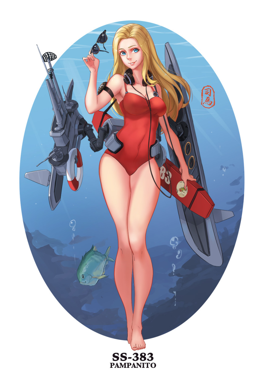 armband blonde_hair blue_eyes character_name commentary_request headphones headphones_around_neck highres holding holding_eyewear long_hair looking_at_viewer one-piece_swimsuit pacific red_swimsuit rigging signature sima_naoteng skindentation smile swimsuit teeth underwater uss_pampanito_(ss-383)