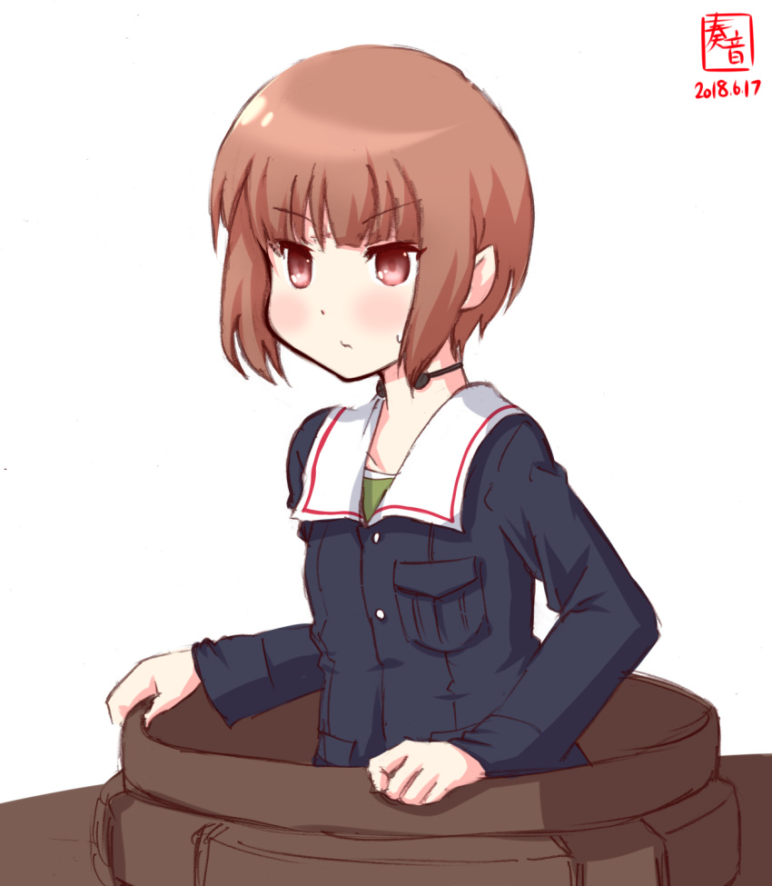 artist_logo bangs blunt_bangs blush breast_pocket brown_eyes brown_hair commentary_request cosplay creator_connection dated eyebrows_visible_through_hair girls_und_panzer ground_vehicle hatch highres kanon_(kurogane_knights) kantai_collection long_sleeves look-alike military military_vehicle motor_vehicle nishizumi_miho nishizumi_miho_(cosplay) ooarai_military_uniform pocket pointy_ears short_hair simple_background solo tank upper_body white_background z3_max_schultz_(kantai_collection)