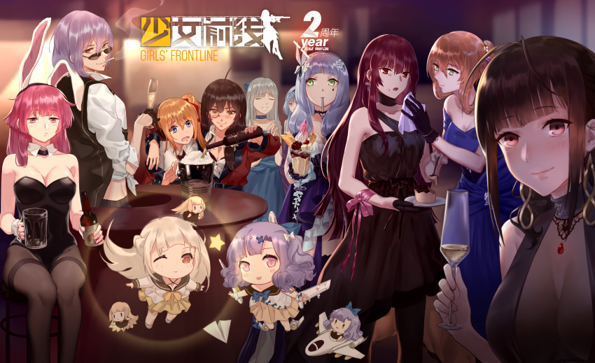 absurdres ahoge ak-12_(girls_frontline) alternate_costume alternate_hairstyle an-94_(girls_frontline) animal_ears arm_ribbon bangs bare_shoulders black_gloves blonde_hair blue_dress blue_eyes blunt_bangs blush bottle braid breasts brown_eyes brown_hair bunny_ears bunny_girl bunnysuit casual champagne_flute choker cigarette cleavage closed_eyes closed_mouth commentary cup detached_collar dress drinking_glass dsr-50_(girls_frontline) earrings eyebrows_visible_through_hair eyewear_on_head fairy_(girls_frontline) french_braid girls_frontline gloves green_eyes grey_hair hair_between_eyes hair_ornament hair_ribbon hairband half-closed_eyes half_gloves helianthus_(girls_frontline) highres hk416_(girls_frontline) holding holding_bottle holding_cup indoors jacket jewelry kalina_(girls_frontline) large_breasts layered_dress leotard logo long_hair long_sleeves looking_at_another looking_at_viewer looking_to_the_side m1903_springfield_(girls_frontline) medium_breasts memoirs monocle mouth_hold multi-tied_hair multiple_girls necklace ntw-20_(girls_frontline) one_eye_closed open_mouth pants pantyhose parfait parted_lips pink_eyes pink_hair purple_dress red_eyes ribbon shirt short_hair side_ponytail sidelocks silver_hair single_strap sitting smile smoking star sunglasses teardrop thighband_pantyhose thighhighs thompson_submachine_gun_(girls_frontline) tied_shirt very_long_hair vest wa2000_(girls_frontline) wiping_face wrist_cuffs