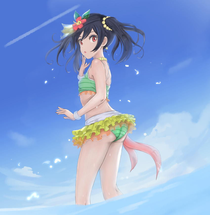 absurdres ass bikini bikini_skirt black_hair blue_sky bracelet day earrings flower from_below green_bikini hair_between_eyes hair_flower hair_ornament hibiscus highres jewelry layered_skirt long_hair love_live! love_live!_school_idol_project natsuiro_egao_de_1_2_jump! ocean open_mouth outdoors red_eyes red_flower see-through sky solo standing star star_earrings striped striped_bikini suirensei swimsuit twintails wading yazawa_nico