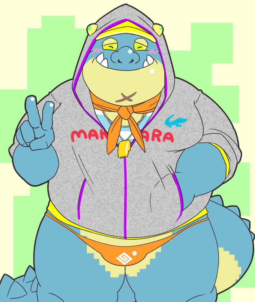 clothing crocodile crocodilian hoodie makara male morkovjpn obese overweight peace_sign_(disambiguation) reptile scalie speedo swimsuit tokyo_afterschool_summoners visor_cap