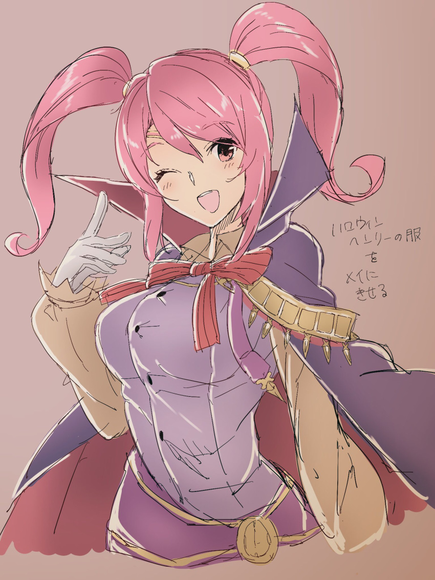 aiueo1234853 bow cape commentary_request cosplay fire_emblem fire_emblem:_kakusei fire_emblem_echoes:_mou_hitori_no_eiyuuou fire_emblem_heroes gloves henry_(fire_emblem) henry_(fire_emblem)_(cosplay) highres long_hair long_sleeves mae_(fire_emblem) one_eye_closed open_mouth pink_hair red_bow red_eyes solo twintails white_gloves