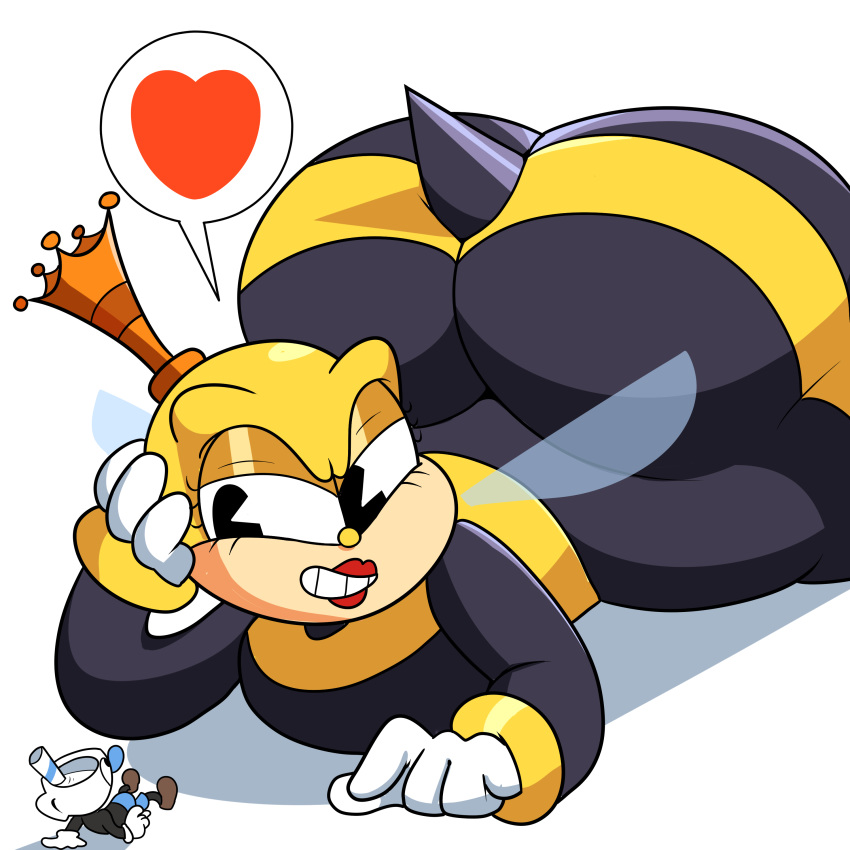 &lt;3 animate_inanimate anthro arthropod bee big_butt butt crown cuphead_(game) duo female huge_butt humanoid insect male mugman object_head pictographics queen royalty rumor_honeybottoms simple_background size_difference stripes superspoe video_games white_background