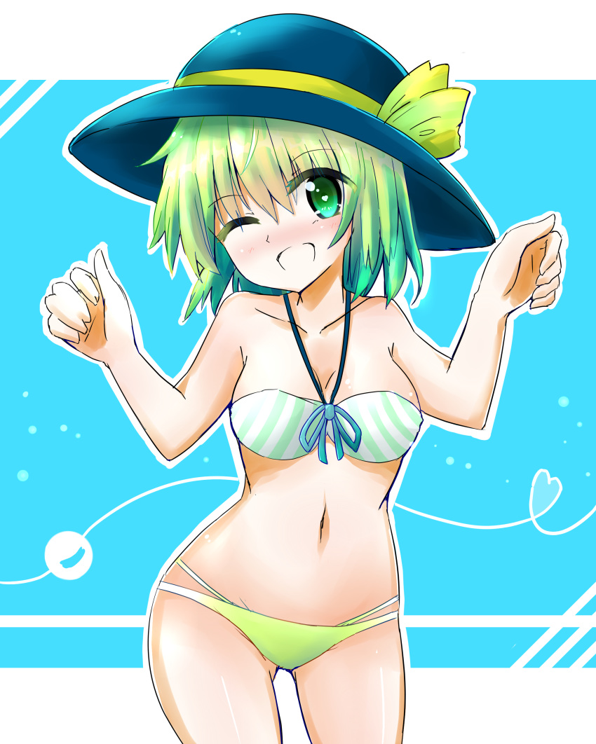 absurdres ass_visible_through_thighs bikini blue_background blue_hat cowboy_shot green_eyes green_hair hat highres komeiji_koishi looking_at_viewer mismatched_bikini open_mouth solo striped_bikini_top swimsuit touhou two-tone_background wavy_hair white_background yellow_bikini_bottom yuki_nana