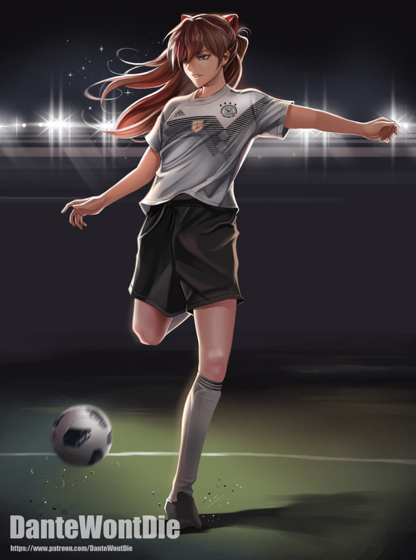 2018_fifa_world_cup artist_name bad_id bad_pixiv_id ball banned_artist black_shorts blue_eyes brown_hair chinese_commentary commentary full_body germany hair_between_eyes hair_ornament highres kicking kneehighs long_hair motion_blur neon_genesis_evangelion shirt short_hair shorts soccer soccer_ball soccer_uniform solo souryuu_asuka_langley sportswear sweat t-shirt telstar_18 white_legwear world_cup yinan_cui