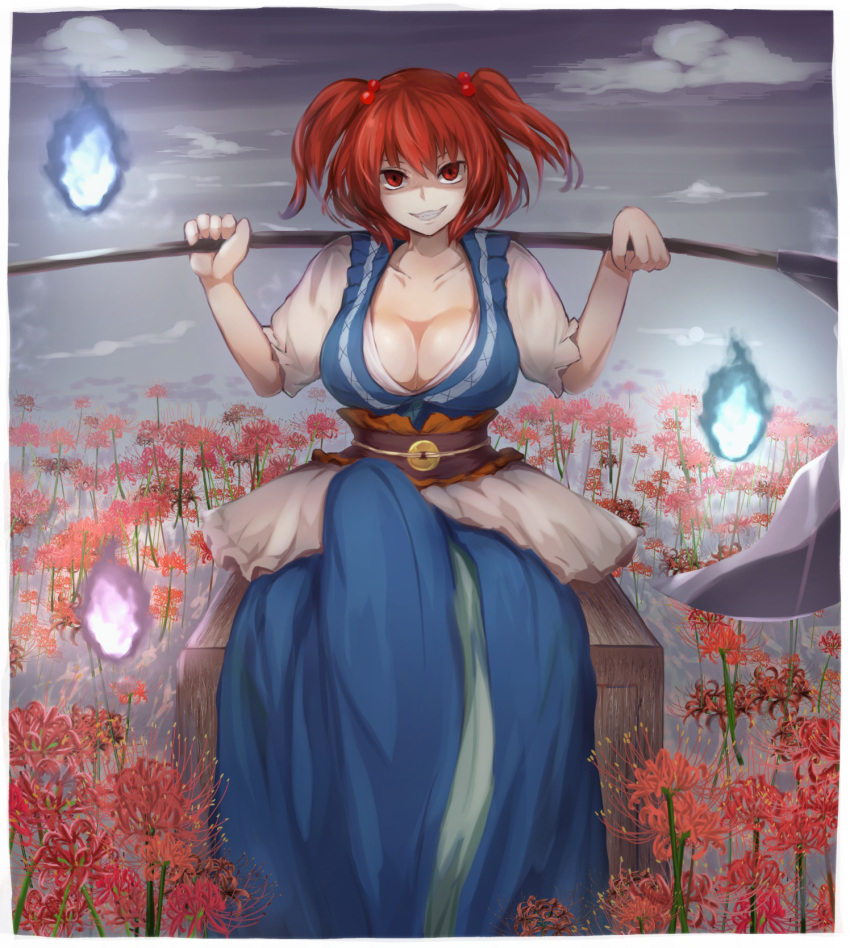 alder breasts cleavage collarbone hair_bobbles hair_ornament highres large_breasts looking_at_viewer onozuka_komachi red_eyes red_hair short_hair short_sleeves sitting solo touhou two_side_up will-o'-the-wisp_(mythology)