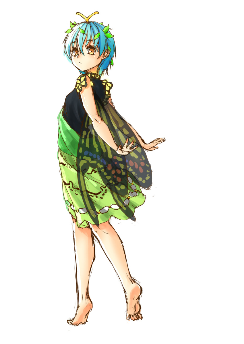 antennae arms_behind_back barefoot black_dress blue_hair butterfly_wings dress eternity_larva green_dress hair_between_eyes hair_ornament highres kourou_(kouroukun) leaf leaf_hair_ornament leaf_on_head looking_at_viewer multicolored multicolored_clothes multicolored_dress short_hair solo touhou white_background wings yellow_eyes